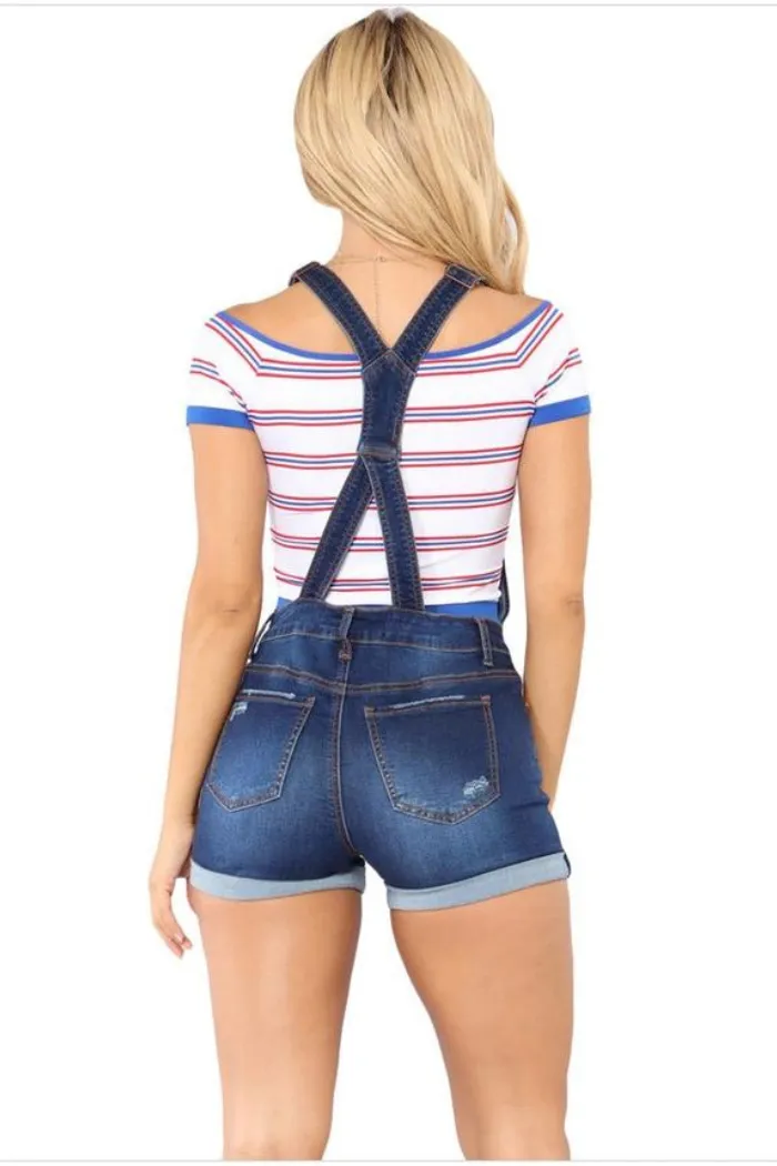 Adjustable Strap Button Front Ripped Short Jeans Overall