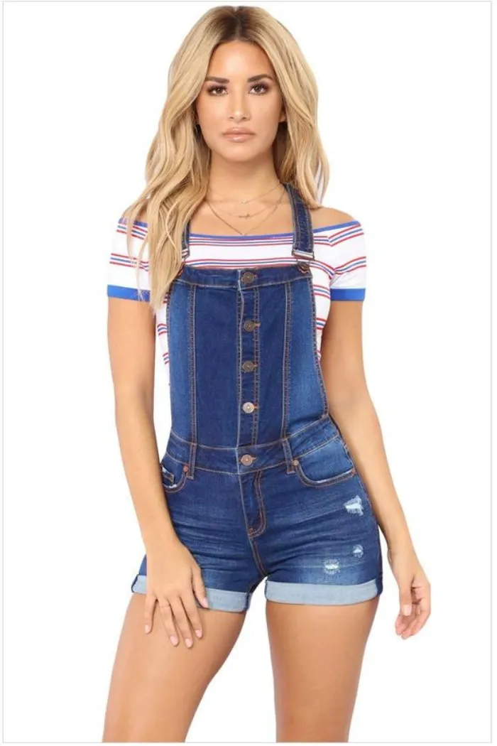 Adjustable Strap Button Front Ripped Short Jeans Overall