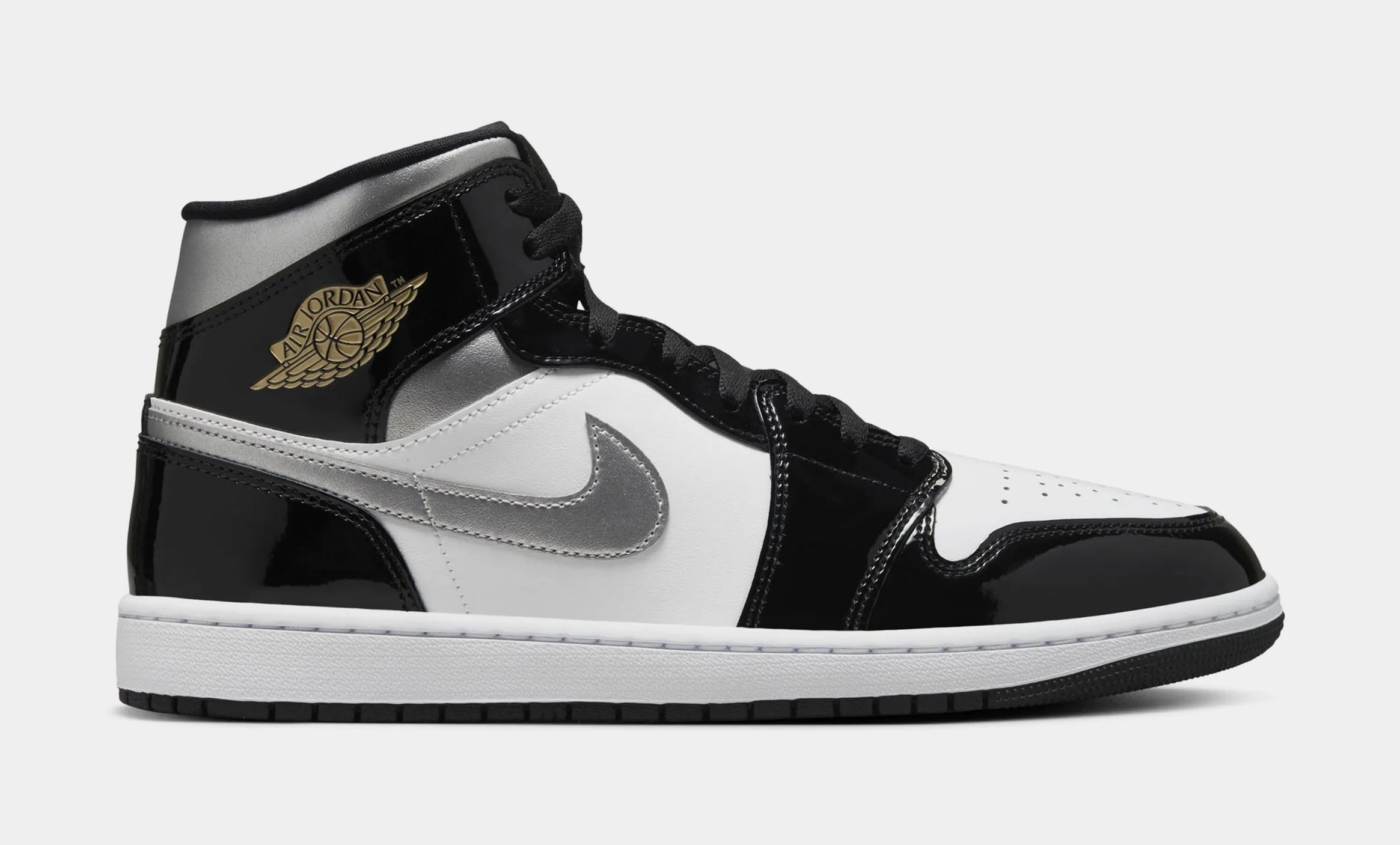 Air Jordan 1 Retro Mid SE Black Patent Mens Lifestyle Shoes (Black Patent/Metallic Gold/Silver)