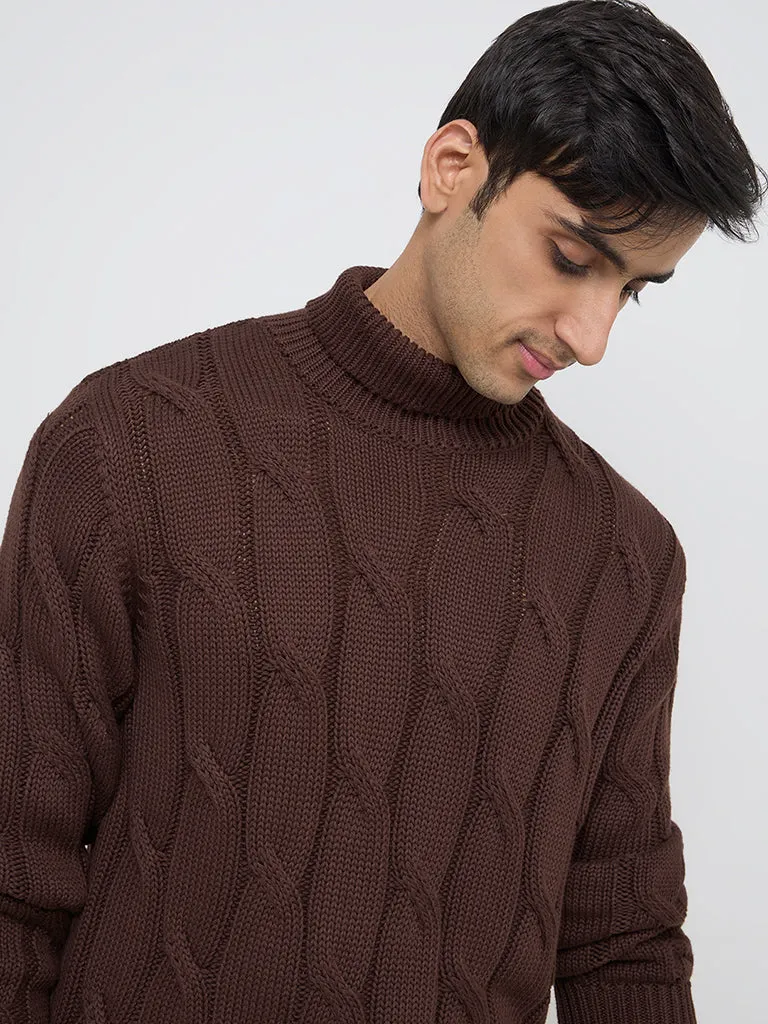 Ascot Dark Brown Knit-Textured Relaxed-Fit Cotton Sweater