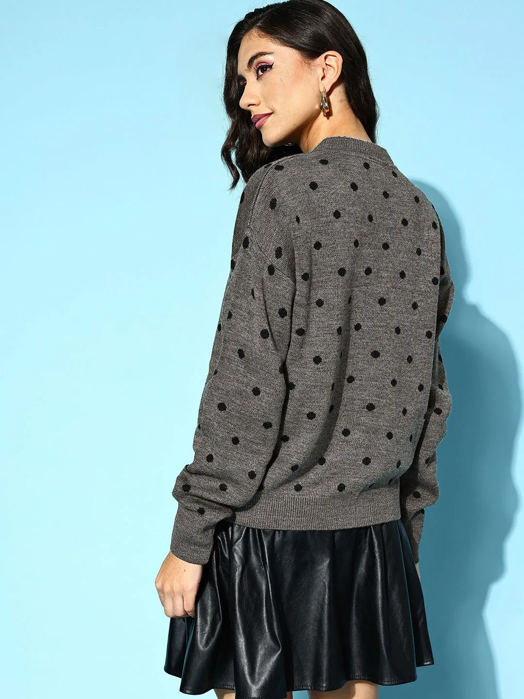 Berrylush Women Charcoal Grey & Black Polka Dot Printed Round Neck Ribbed Hem Regular Pullover