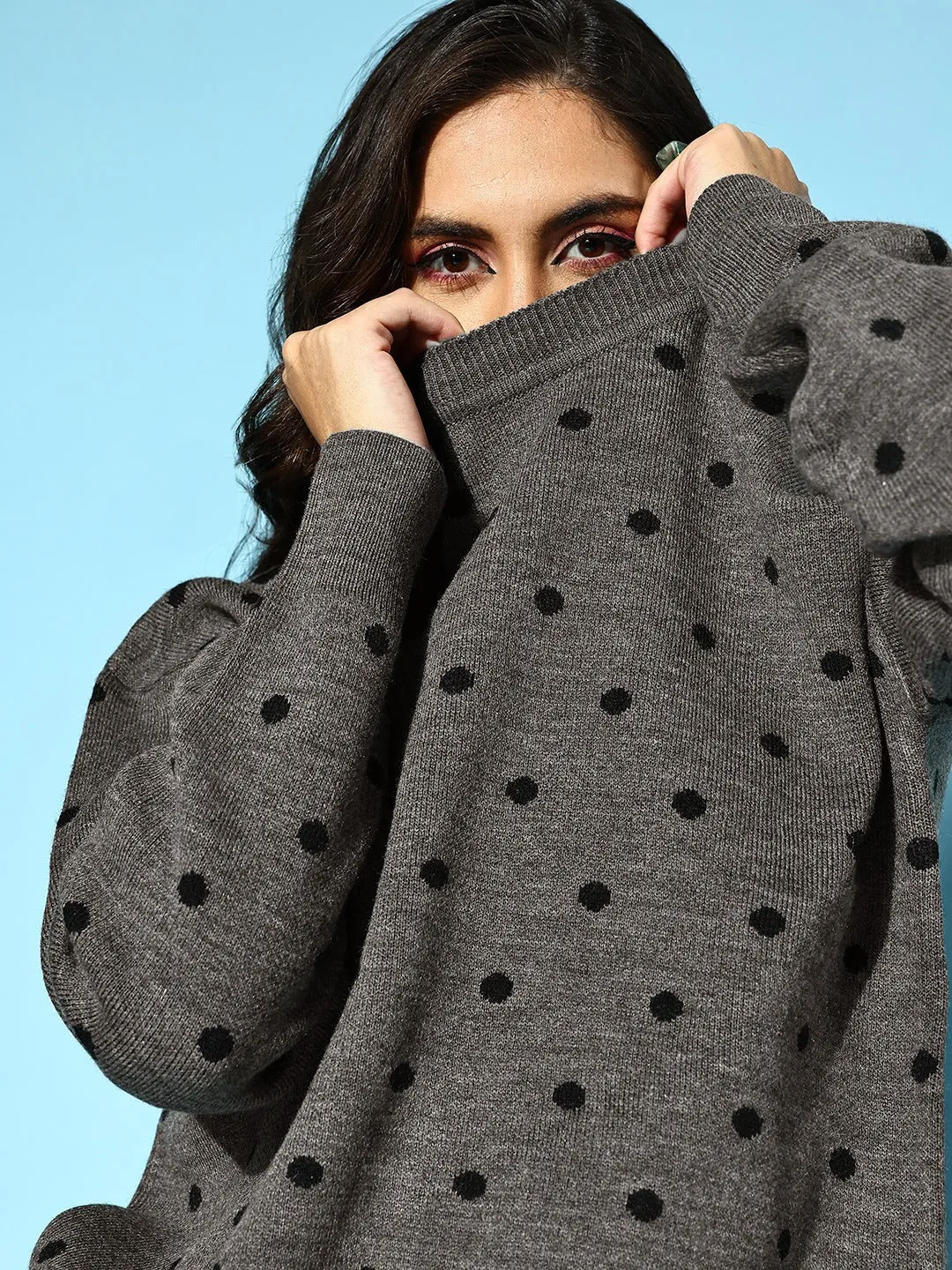 Berrylush Women Charcoal Grey & Black Polka Dot Printed Round Neck Ribbed Hem Regular Pullover