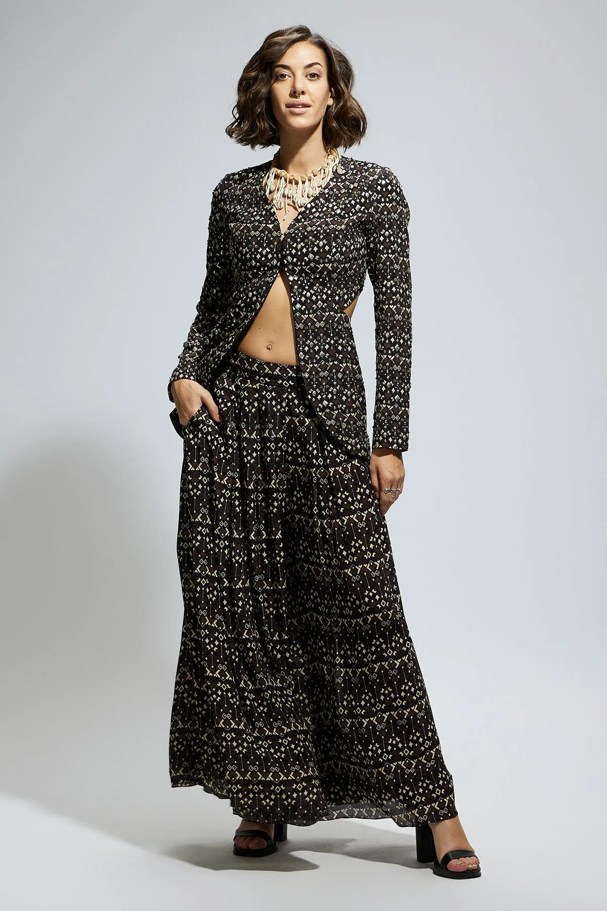 Black Embellished Side Cut out Jacket with Printed Flared Pants