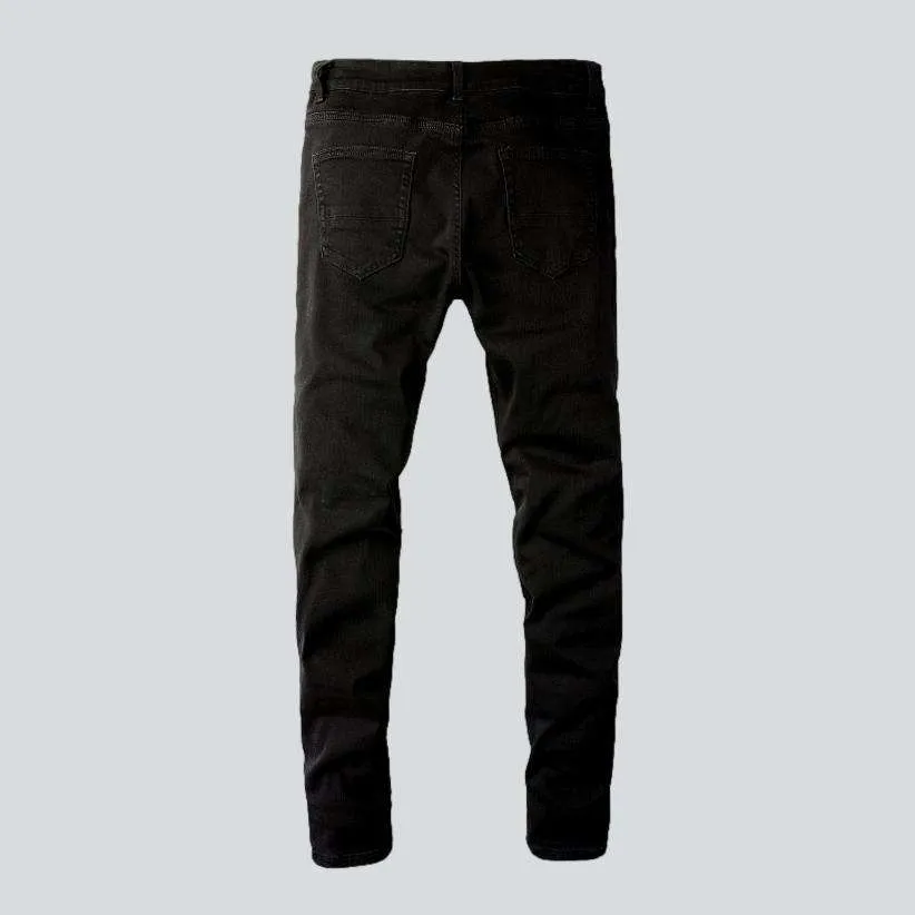 Black leather patch biker jeans