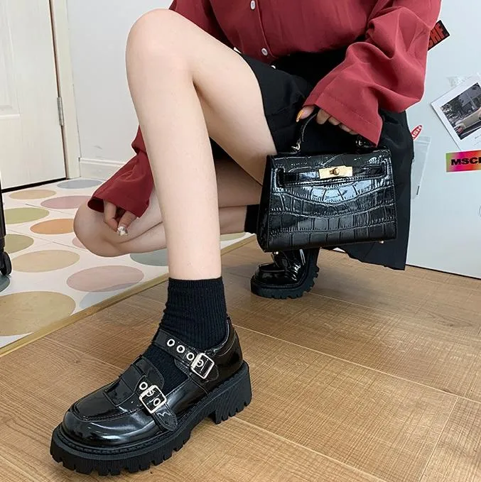 Black Matte Glossy Retro Metal Buckles Thick Sole Shoes