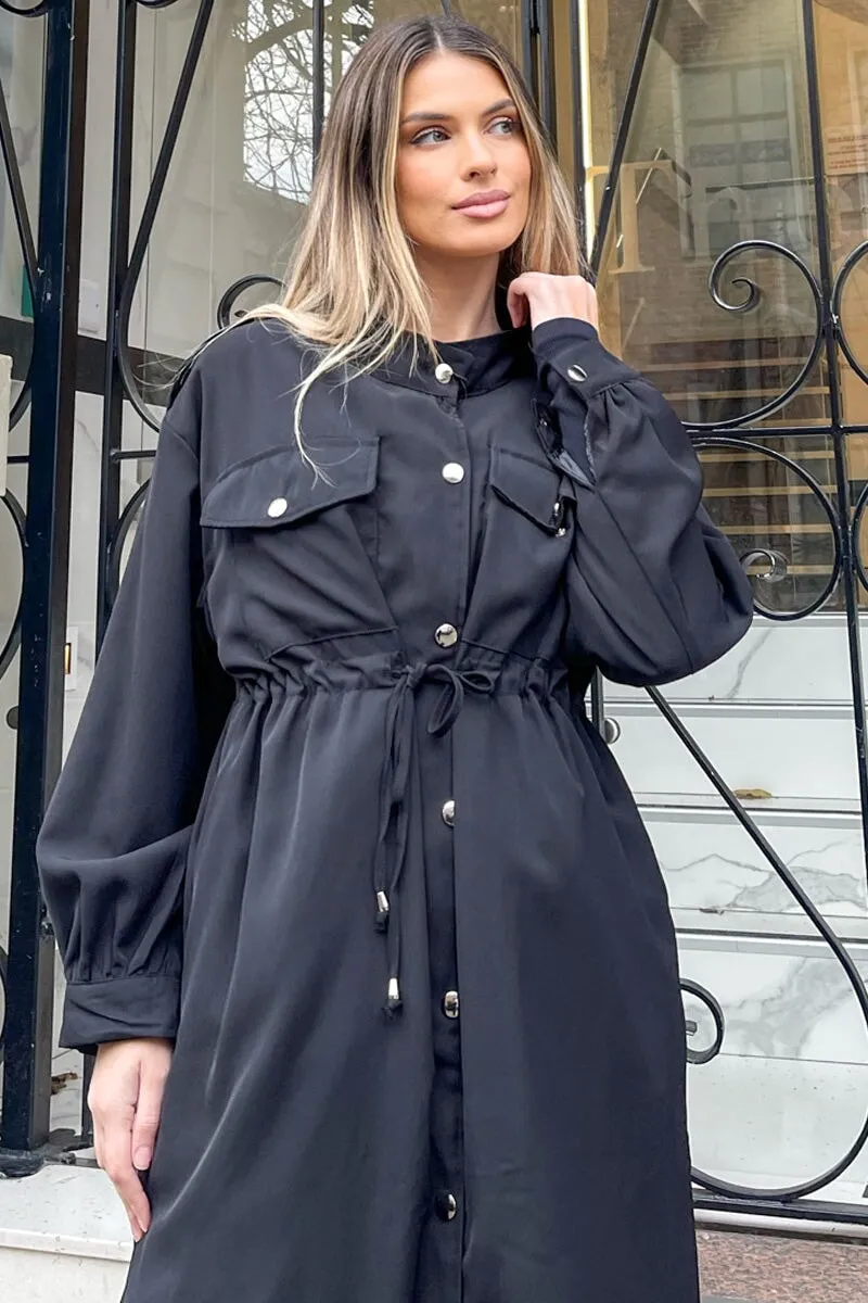 BLACK MILITARY STYLE LONGLINE COAT