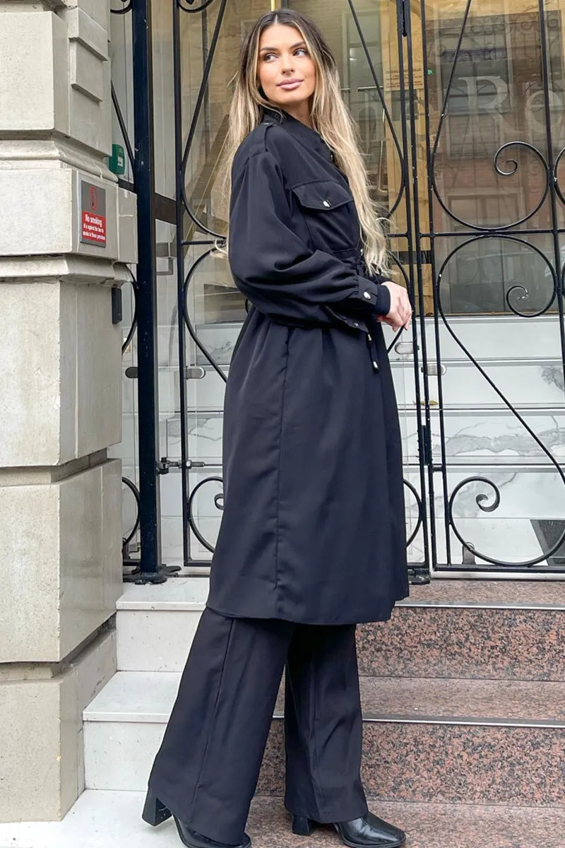 BLACK MILITARY STYLE LONGLINE COAT