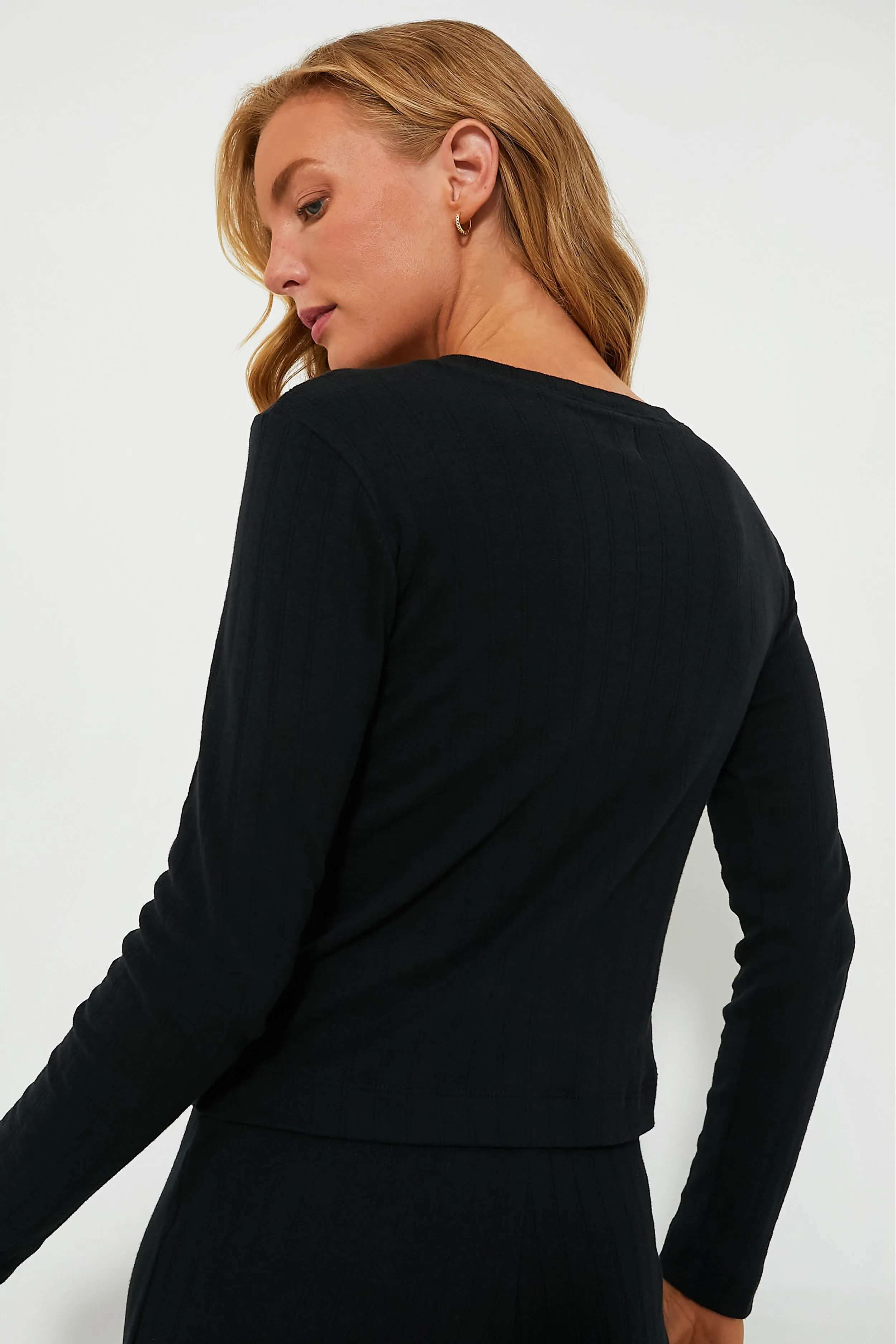 Black Pointelle Classic Crew Cardigan