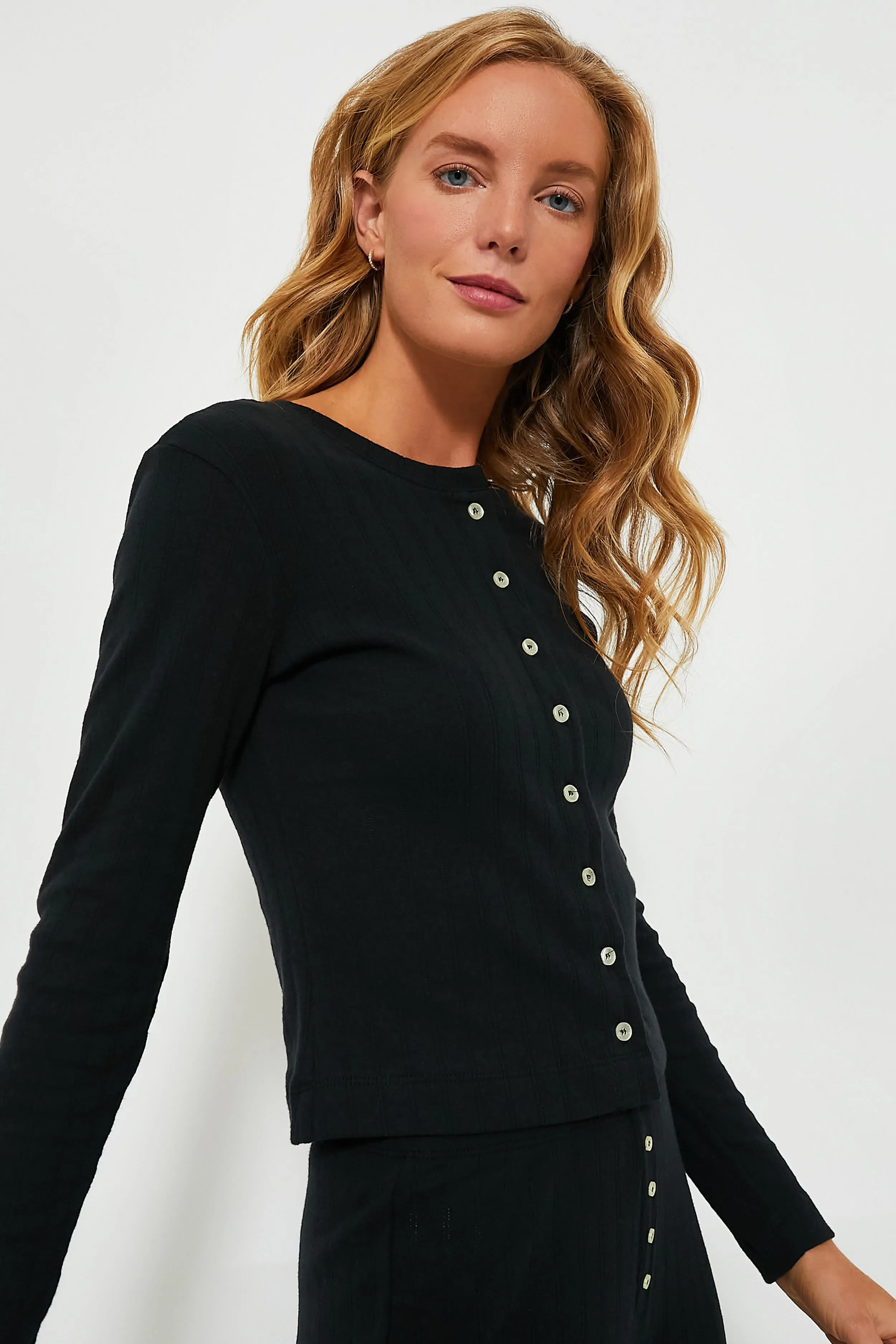 Black Pointelle Classic Crew Cardigan