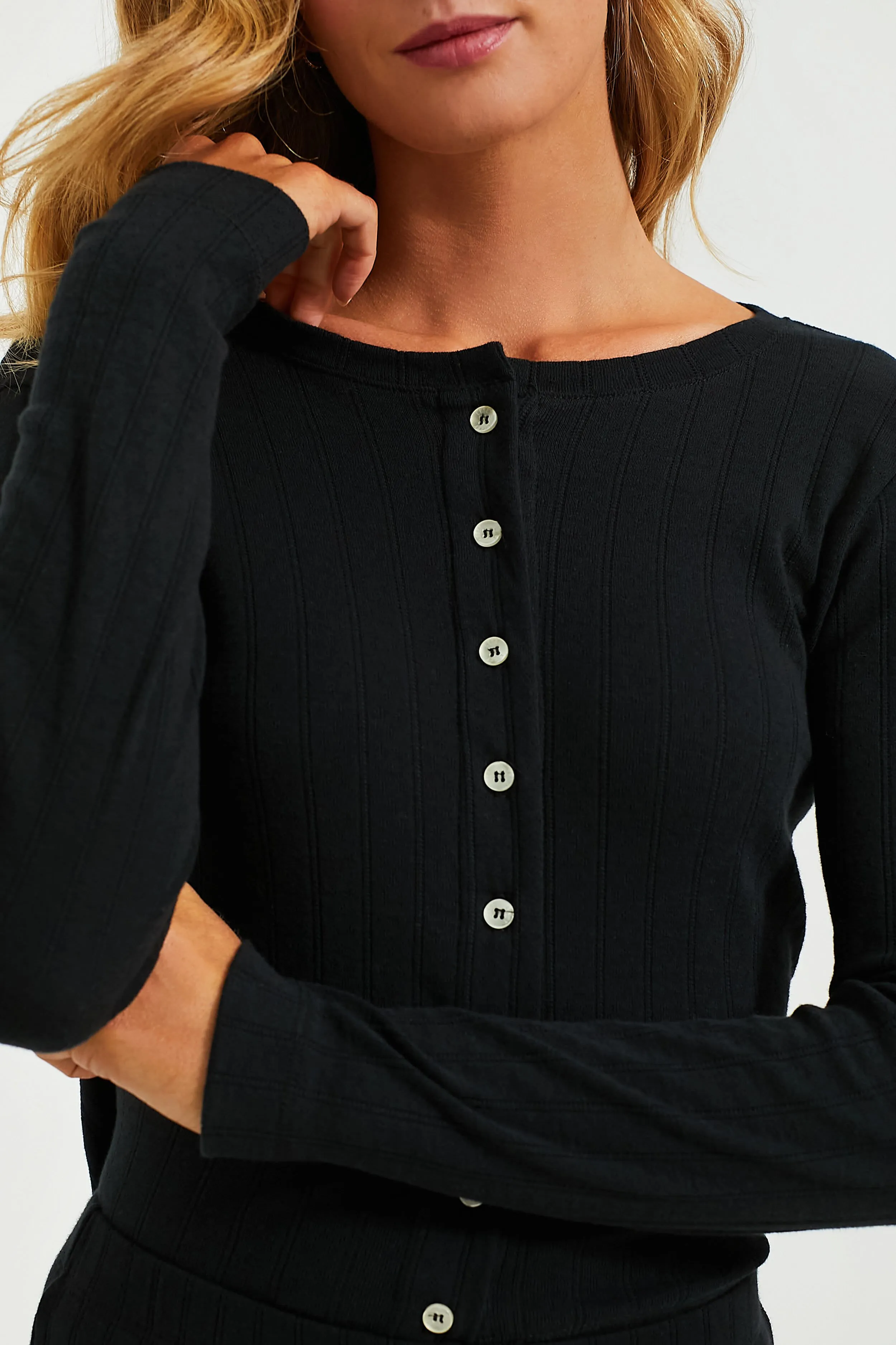 Black Pointelle Classic Crew Cardigan