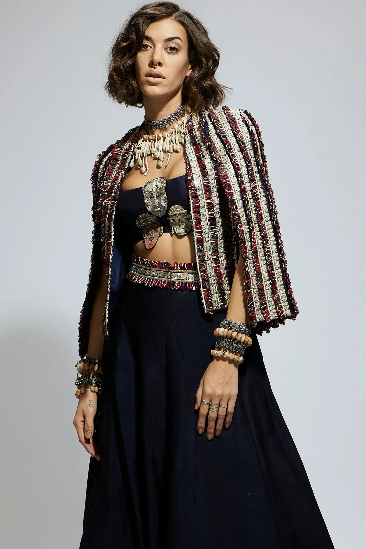 blue textured embellished noor jacket