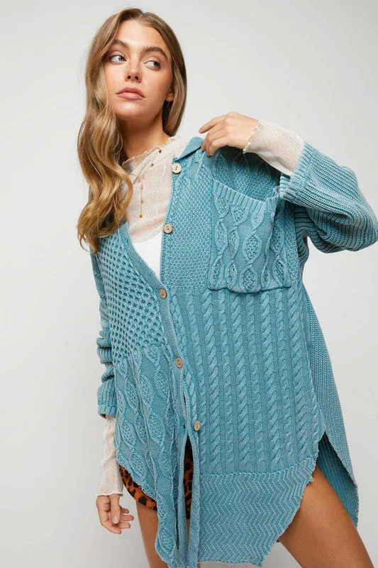 Bohemian Pattern Knit Oversized Solid Button Down Cardigan