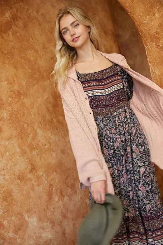 Bohemian Pattern Knit Oversized Solid Button Down Cardigan