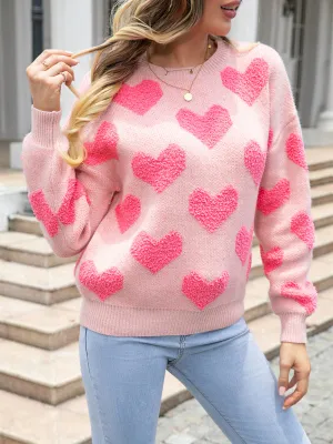 Bohemian Pink Big Heart Round Neck Pullover Sweater