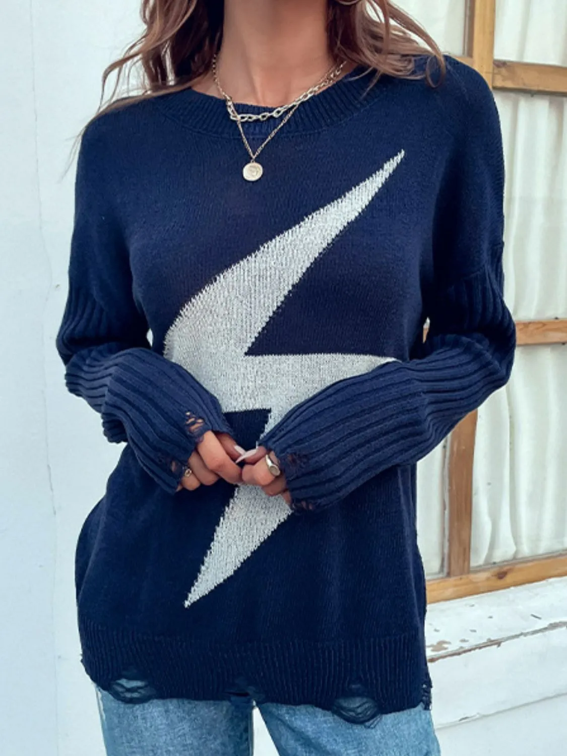 Boho Distressed Lightning Bolt Graphic Sweater