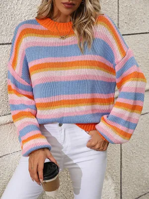 Boho Dropped Shoulder Crewneck Knit Striped Sweater