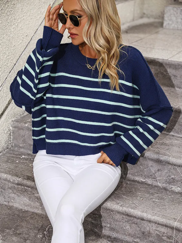 Boho Round Neck Knitted Pullover Striped Sweater