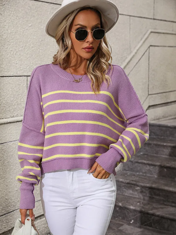 Boho Round Neck Knitted Pullover Striped Sweater