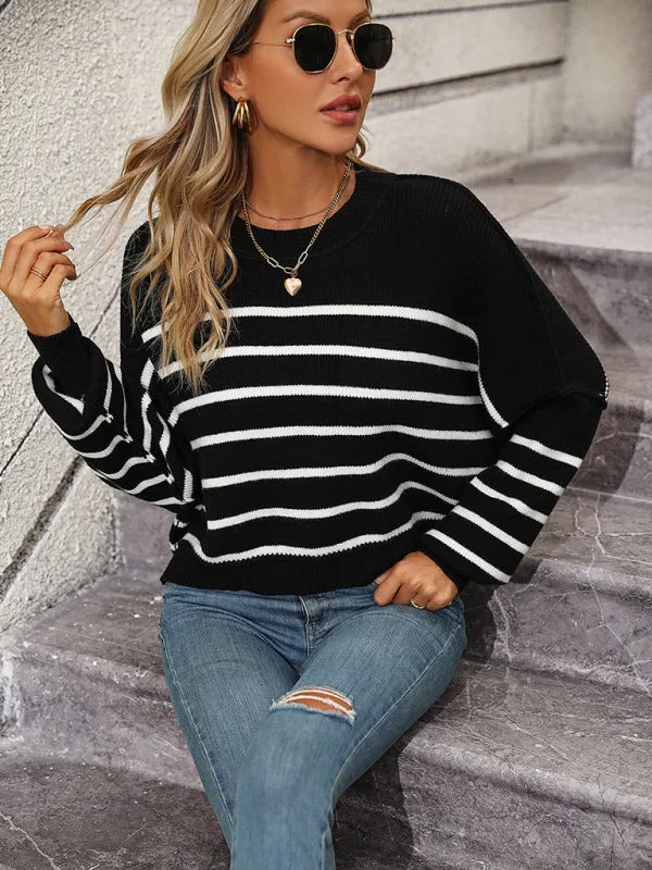 Boho Round Neck Knitted Pullover Striped Sweater