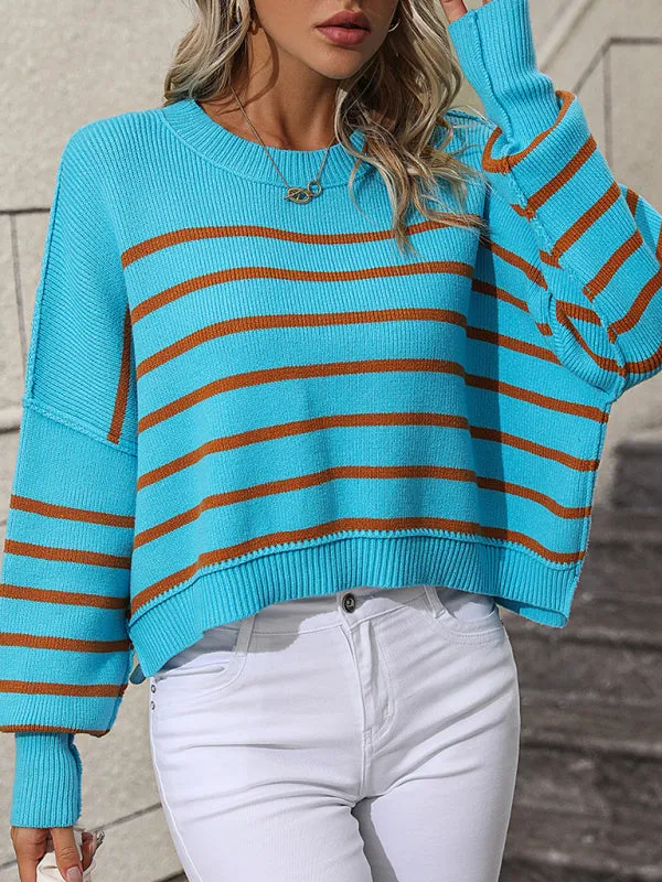 Boho Round Neck Knitted Pullover Striped Sweater