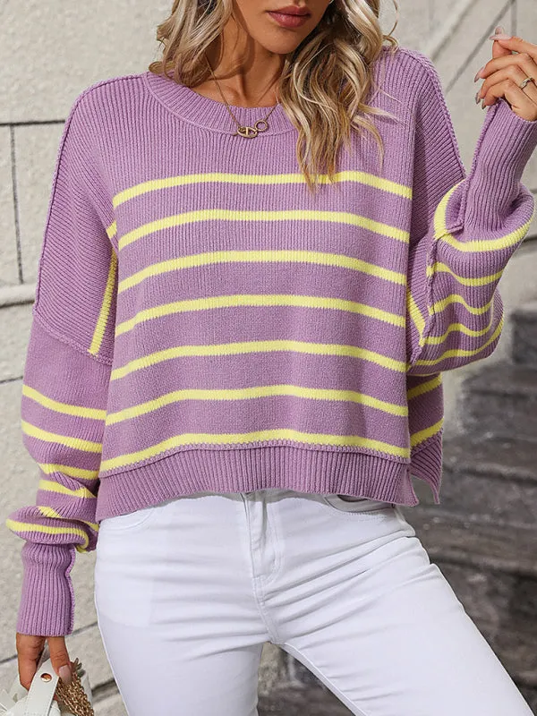 Boho Round Neck Knitted Pullover Striped Sweater