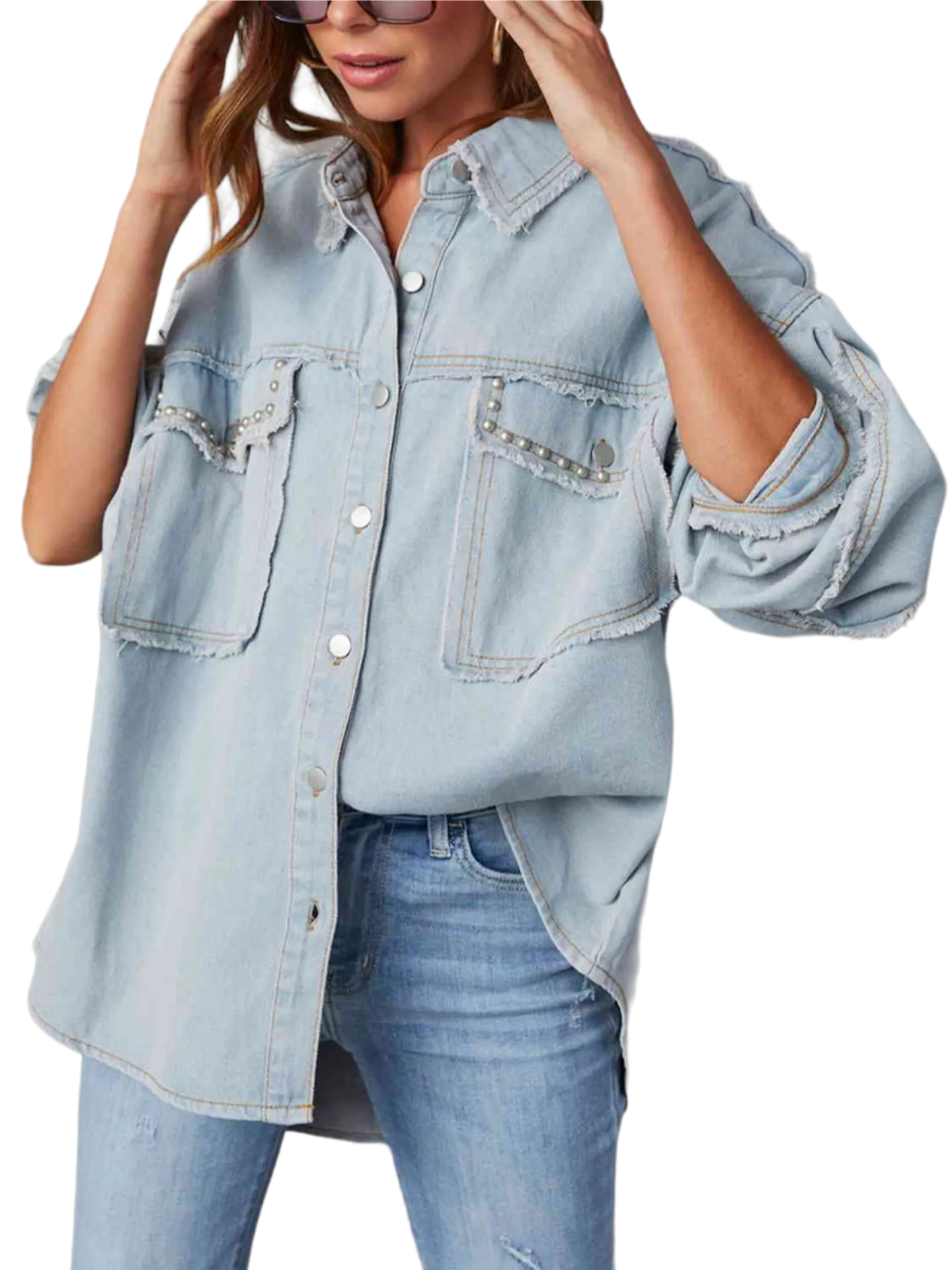 Button Down Raw Hem Denim Shirt