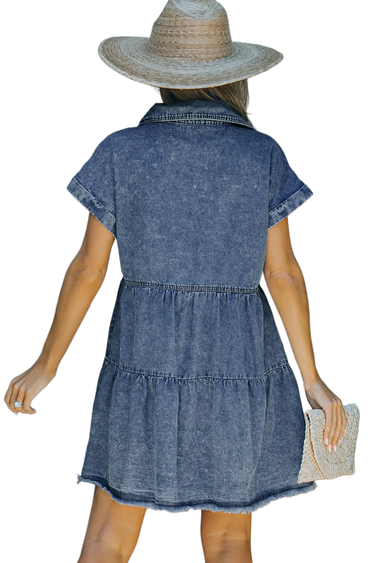 Button Front Raw Hem Denim Dress