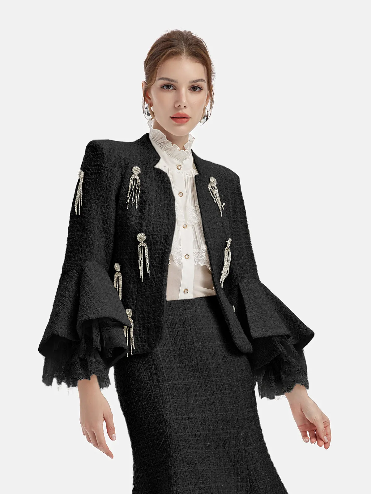 Chic Detachable Pearl Diamond Lace Bell Sleeve Jacket