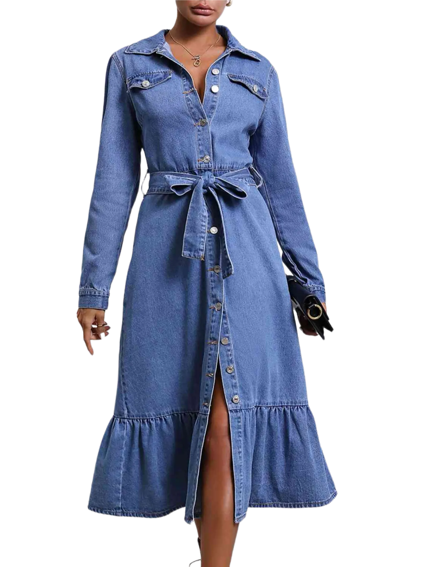 Collared Neck Button Down Denim Dress