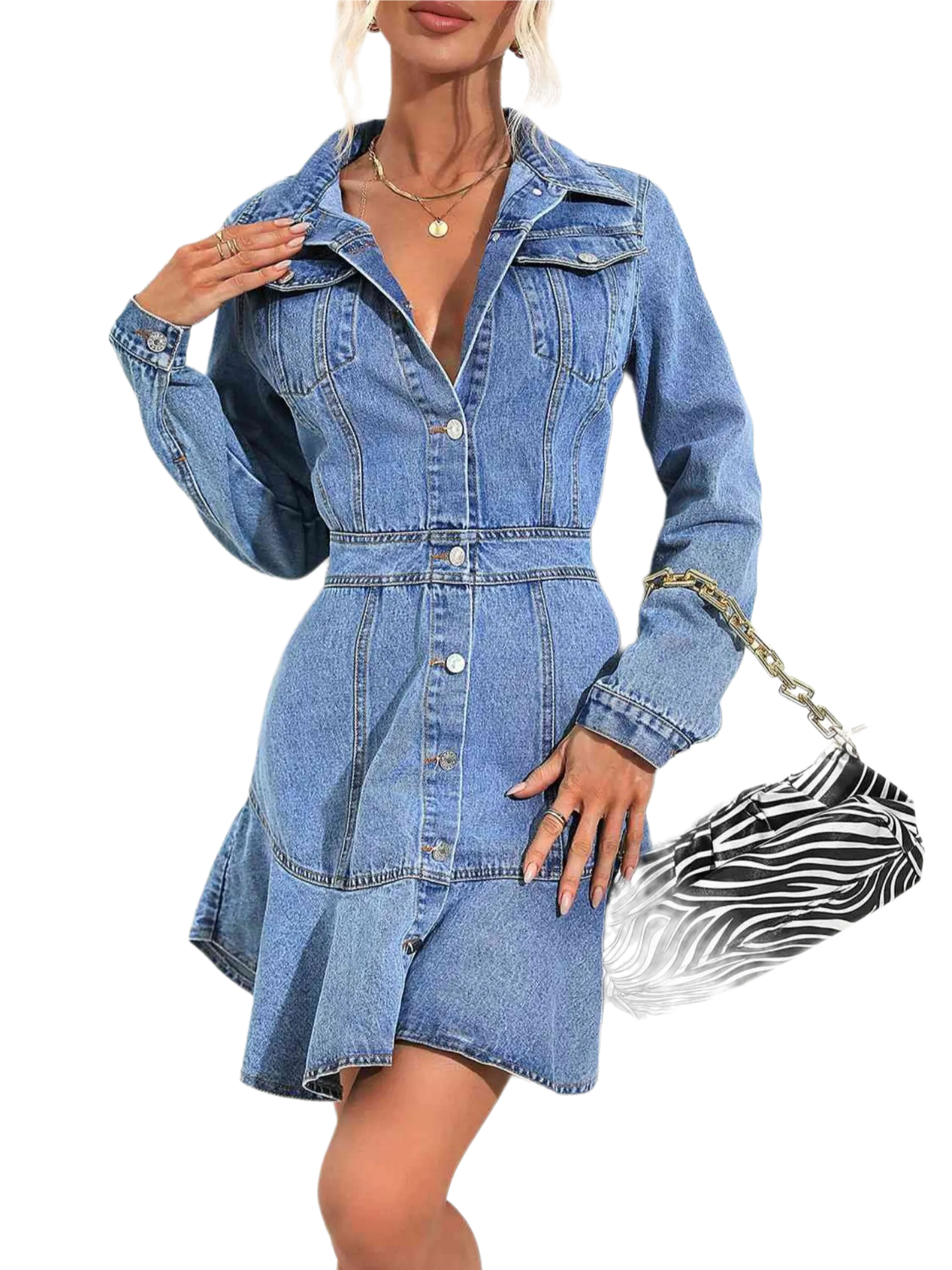 Collared Neck Button Down Denim Dress