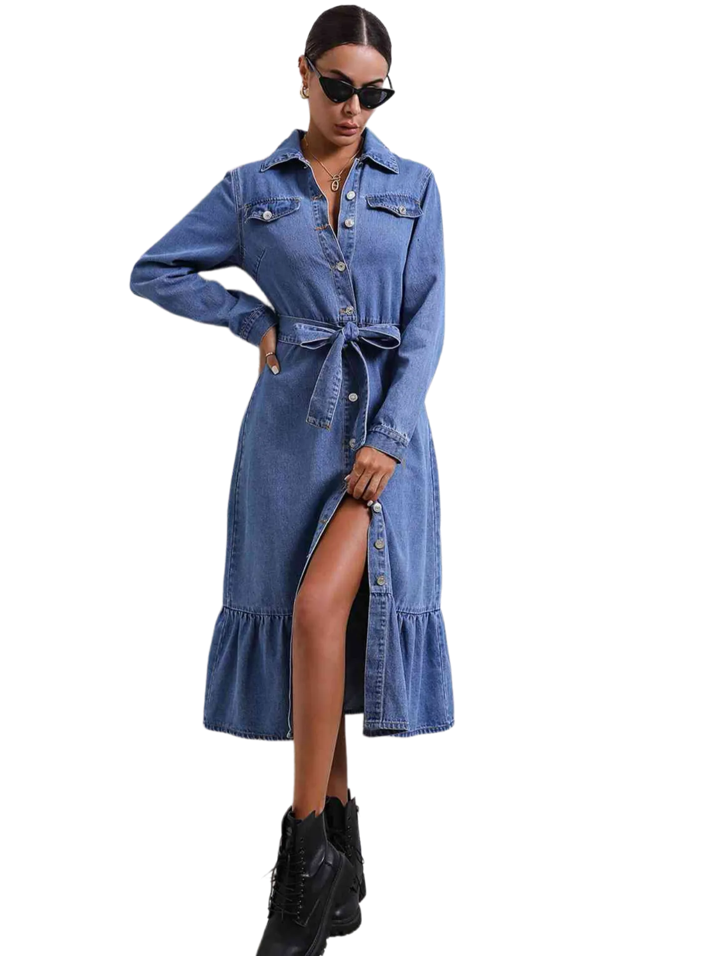 Collared Neck Button Down Denim Dress