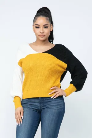 Color Block Twisted Open Back Loose Fit Cozy Sweater