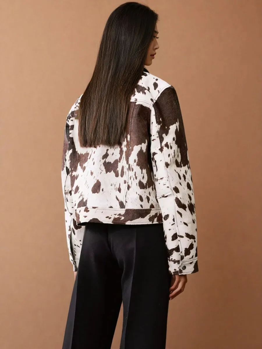 Cow Print Faux Fur Shirt-Style Jacket