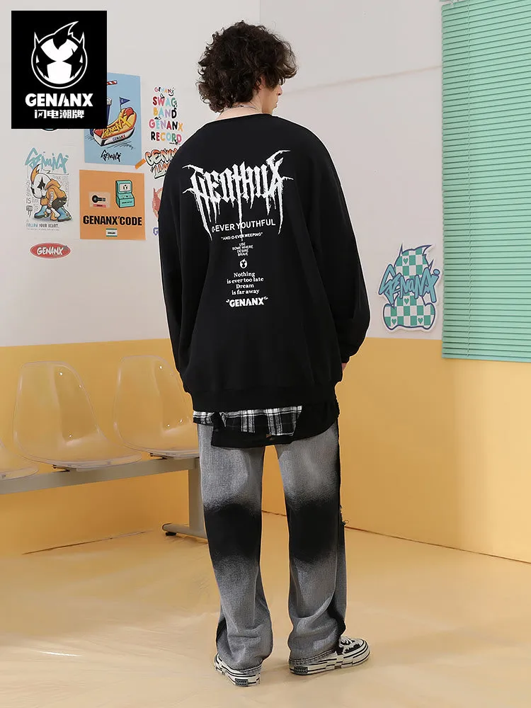 Creative dislocation splicing different materials patchwork color graffiti printed cloth off shoulder hoodie