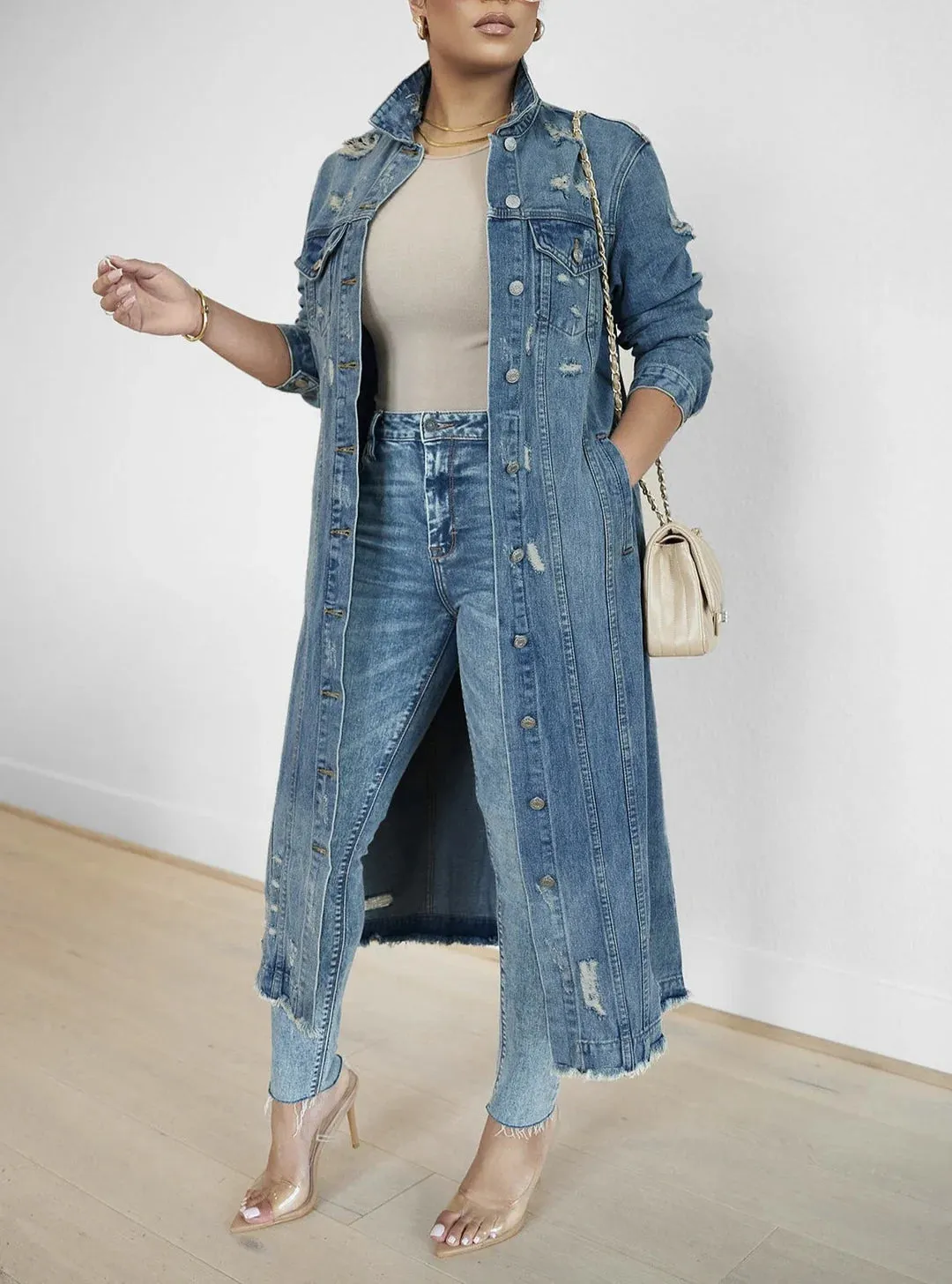 Distressed Denim Long Jacket