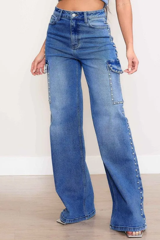 Embellished High-Rise Wide Leg Cargo Jeans