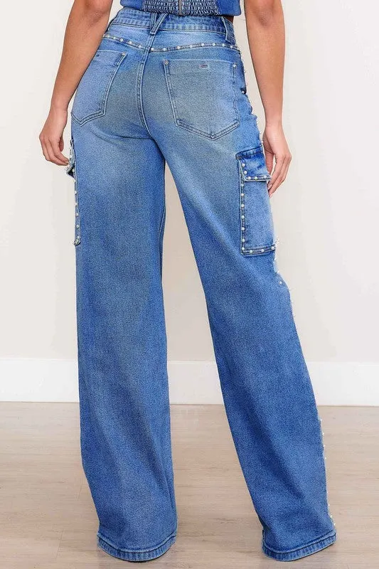 Embellished High-Rise Wide Leg Cargo Jeans