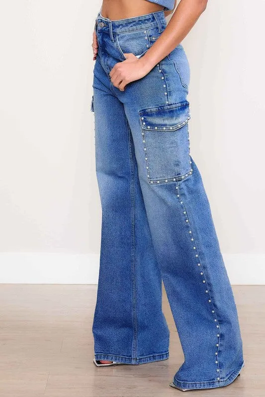 Embellished High-Rise Wide Leg Cargo Jeans