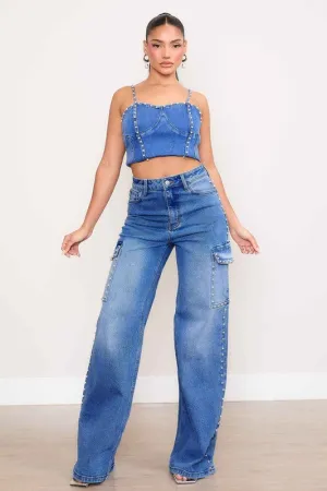 Embellished High-Rise Wide Leg Cargo Jeans