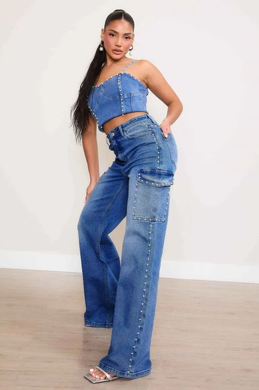 Embellished High-Rise Wide Leg Cargo Jeans