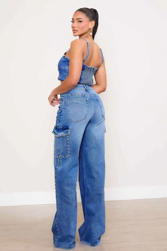 Embellished High-Rise Wide Leg Cargo Jeans