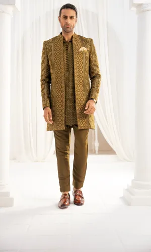 ER PC 3004 Achkan Fusion Olive Short Sherwani Prince coat