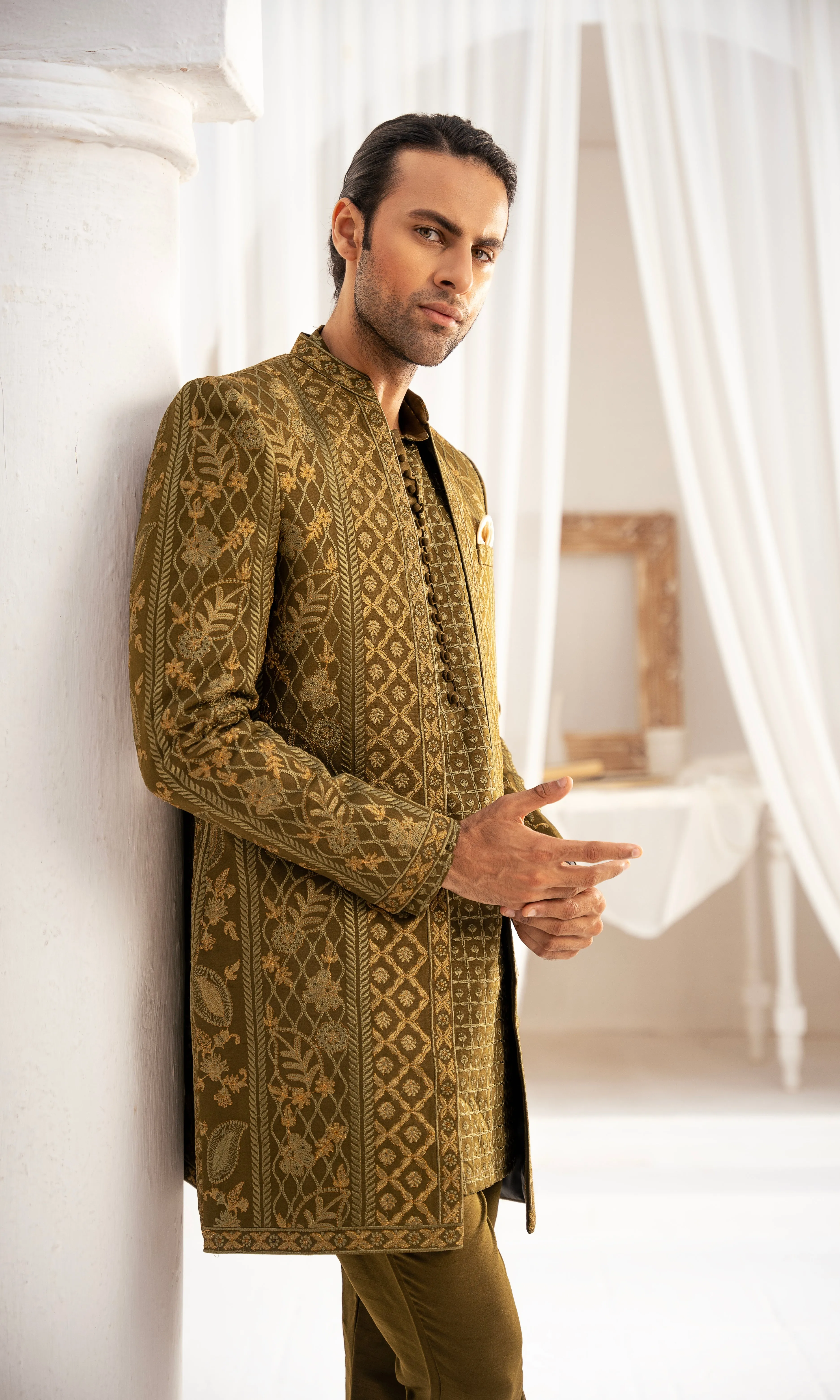 ER PC 3004 Achkan Fusion Olive Short Sherwani Prince coat