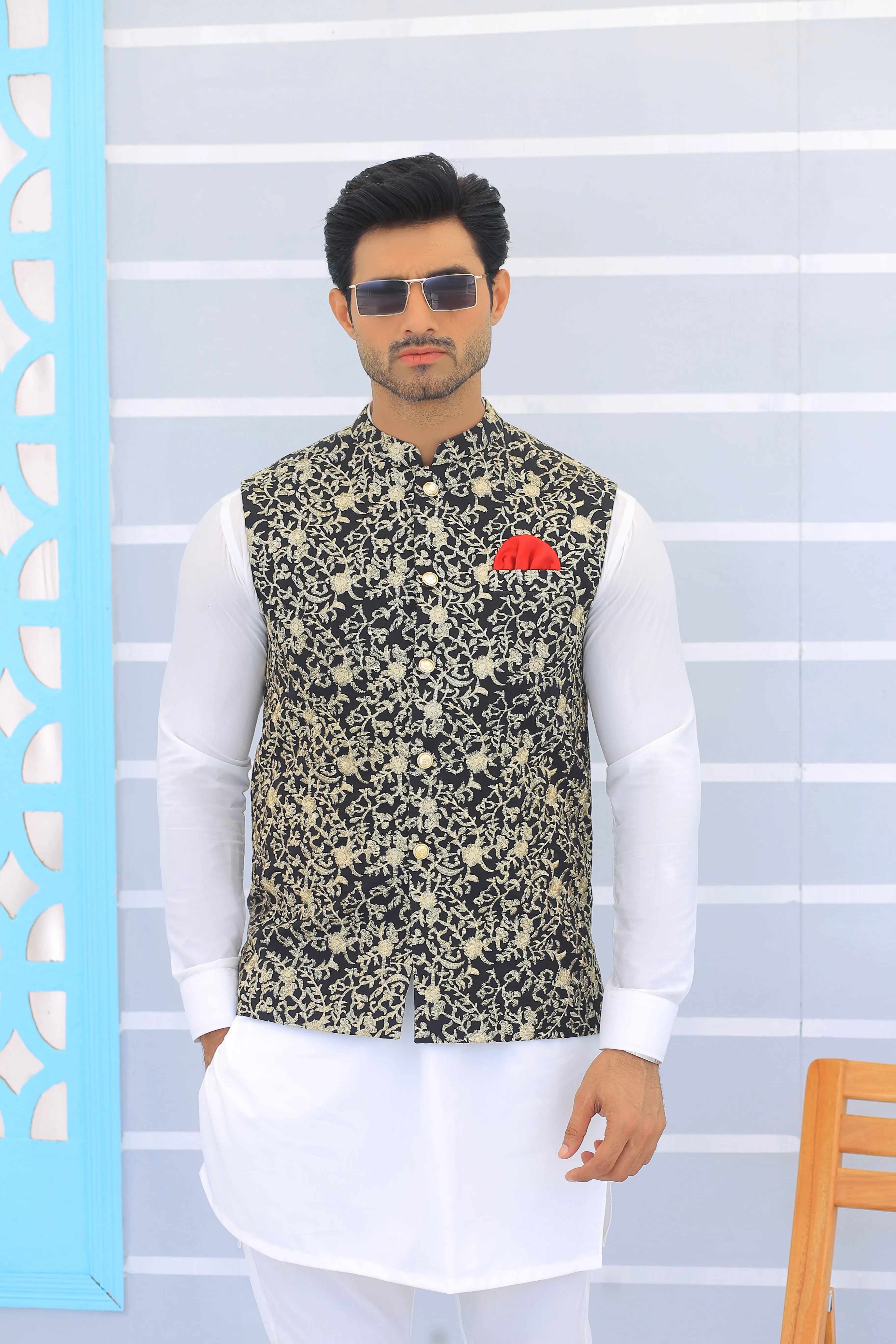 ER WC 1099 Black Golden Embroidered Waistcoats For Men