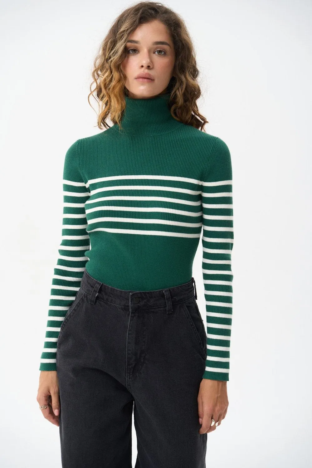 Green turtleneck sweater with a milky stripe