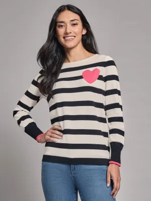 Heart Detail Strip Boat Neck Sweater