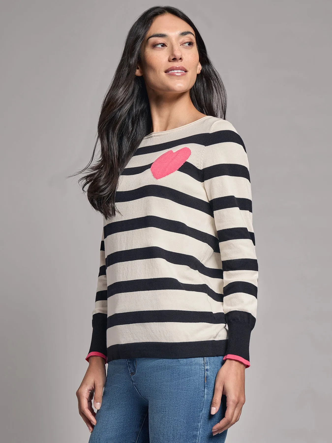 Heart Detail Strip Boat Neck Sweater