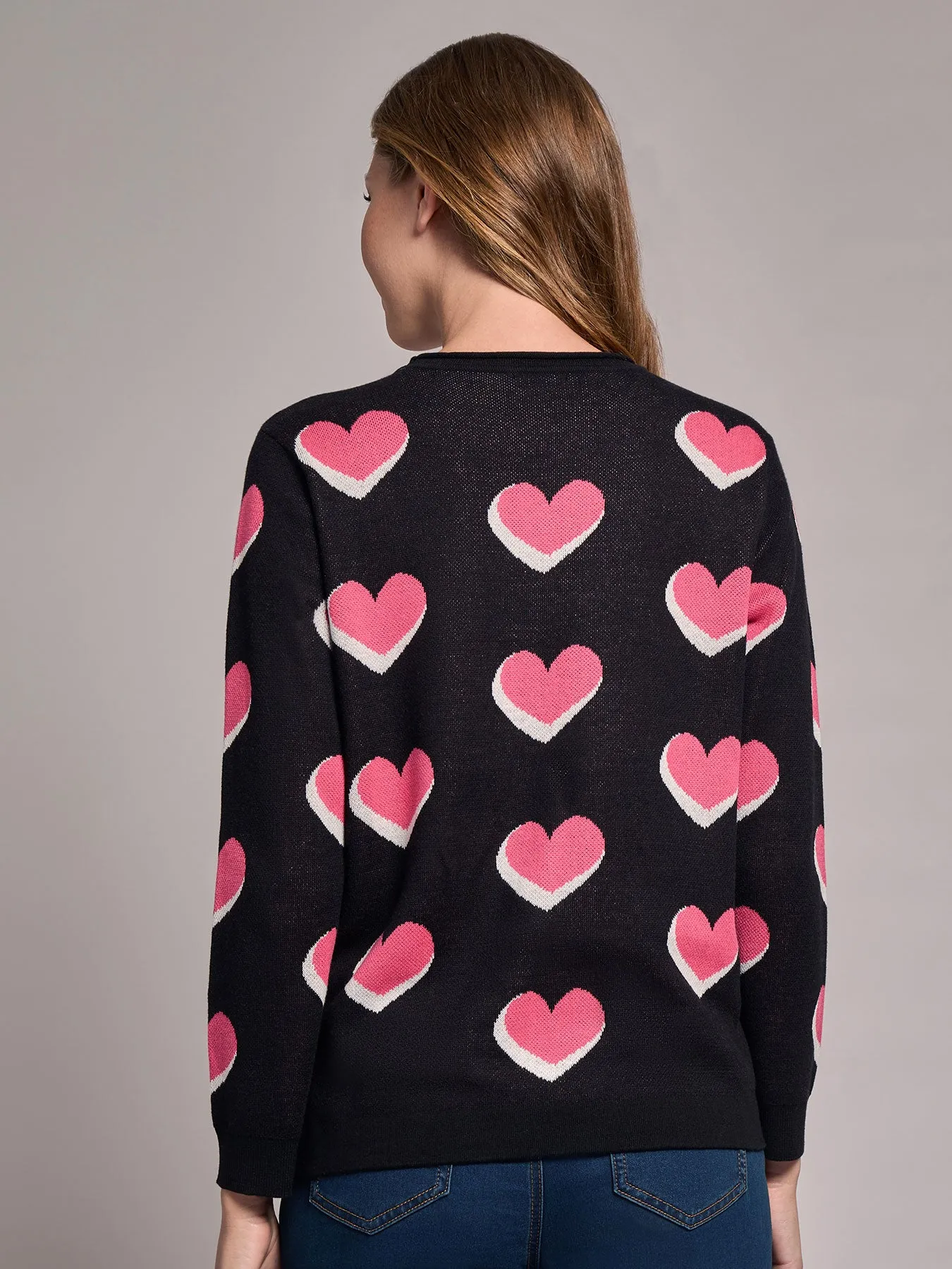 Heart Print Crew Neck Sweater