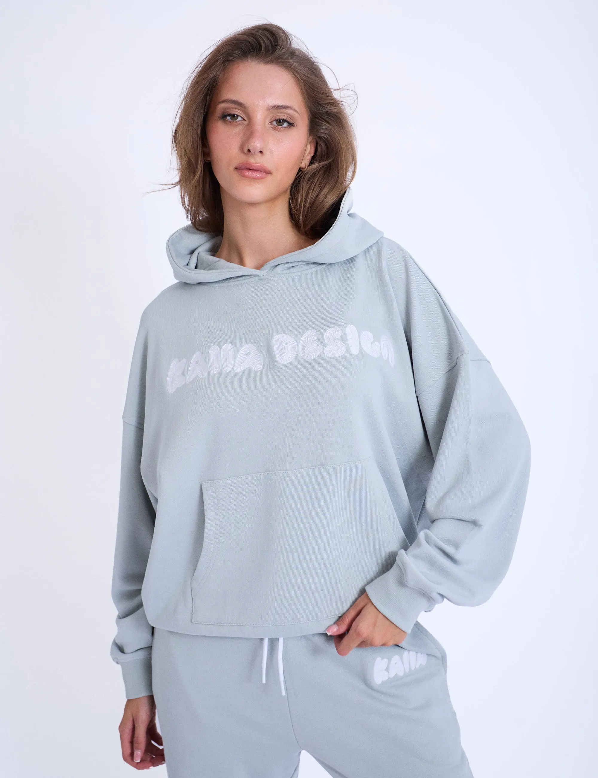 Kaiia Design Embroidered Bubble Logo Oversized Hoodie Foam Blue