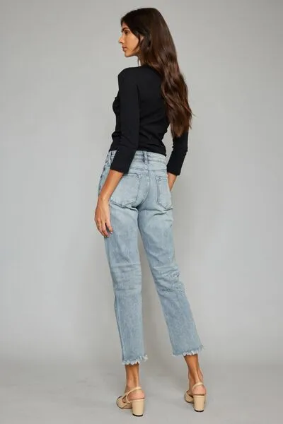 Kancan High Waist Button Fly Raw Hem Cropped Straight Jeans (Online Only)